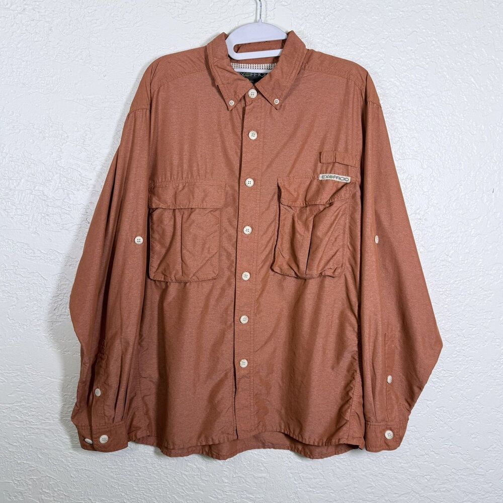 ExOfficio Mens Travel Shirt Rust Terracotta Orange Buttons Pockets M